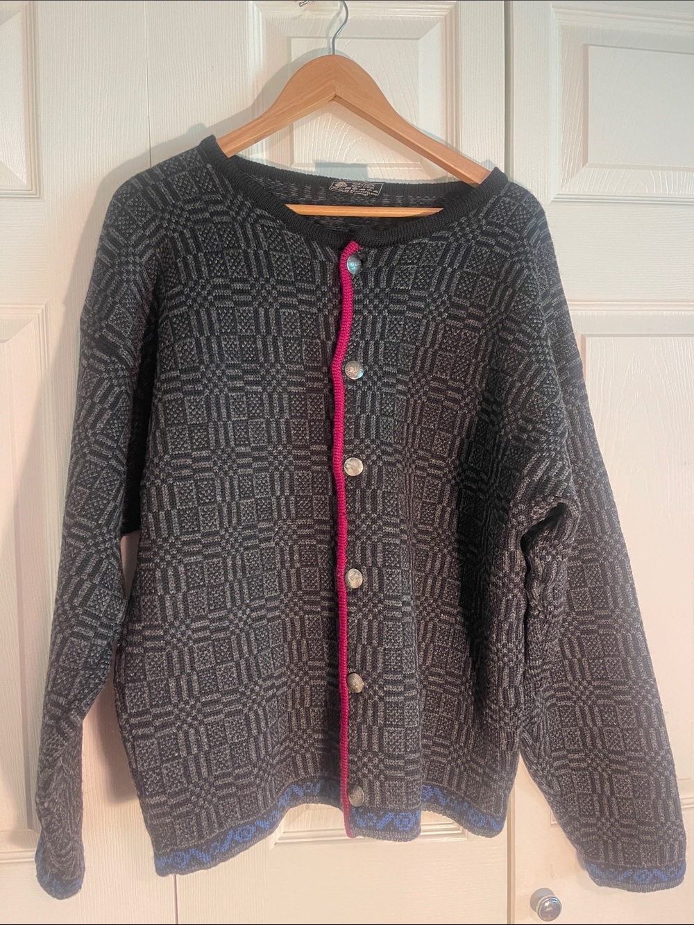 Oleana Women's Dark Gray Patterned Button Cardigan with Pink and Blue Trim